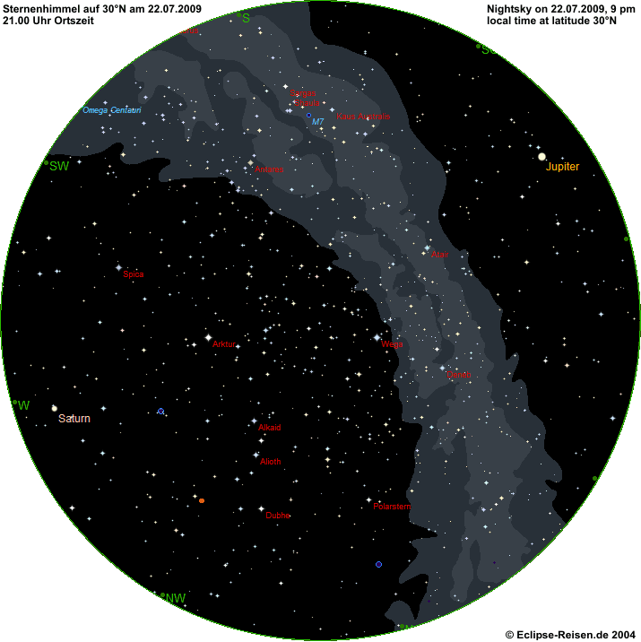 Nachthimmel auf 30 Nord Mitte Juli 2009 um 21.00 Uhr Ortszeit