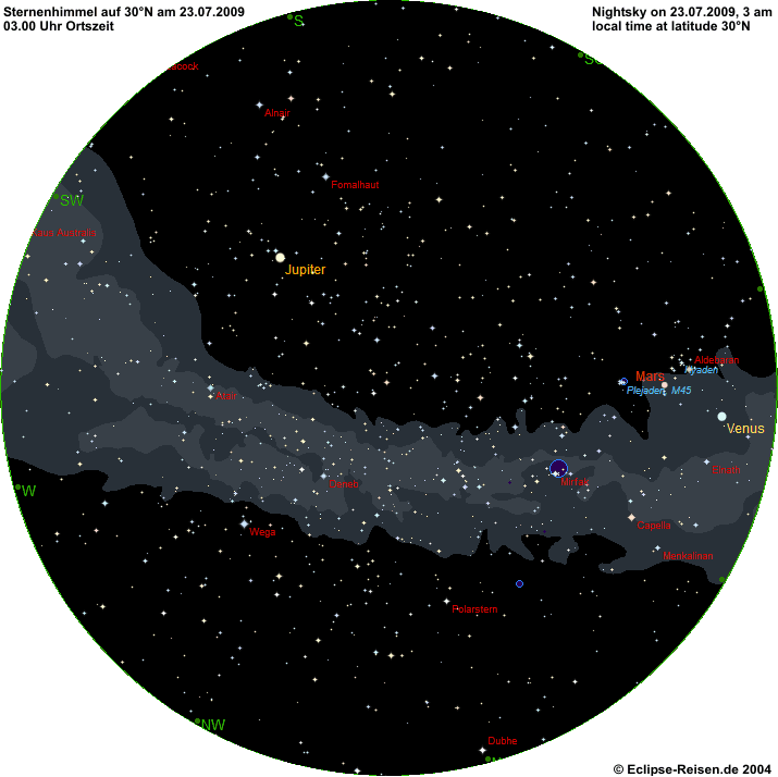 Nachthimmel auf 30 Nord Mitte Juli 2009 um 03.00 Uhr Ortszeit