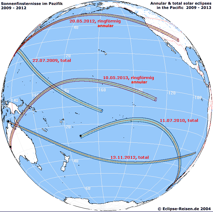 Totale und ringfrmige Sonnenfinsternisse im Pazifik 2009 - 2013